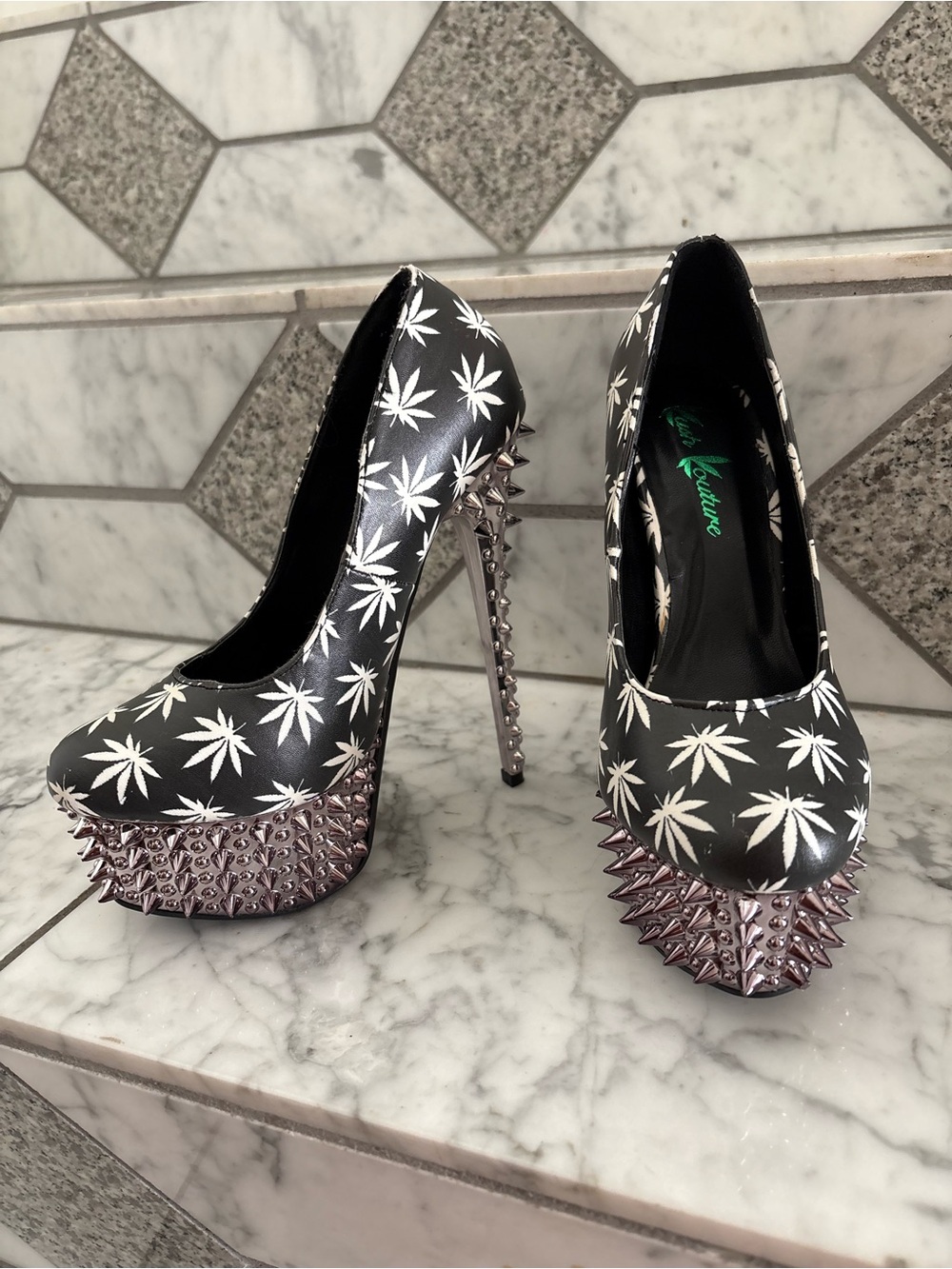 Kush Kouture High Heel Platform Pumps in Black & White - Stud Spike Detail.
